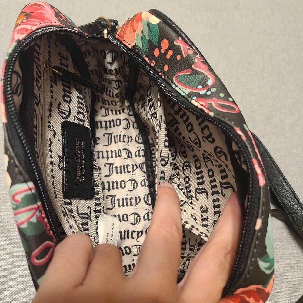 NWOT Juicy Couture Red Pink Floral Flower Black Leather Trim Purse - Picture 9 of 9